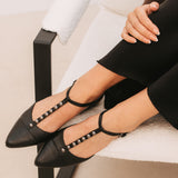 Anais: Black Leather Studded Pointed T-Bar Flats