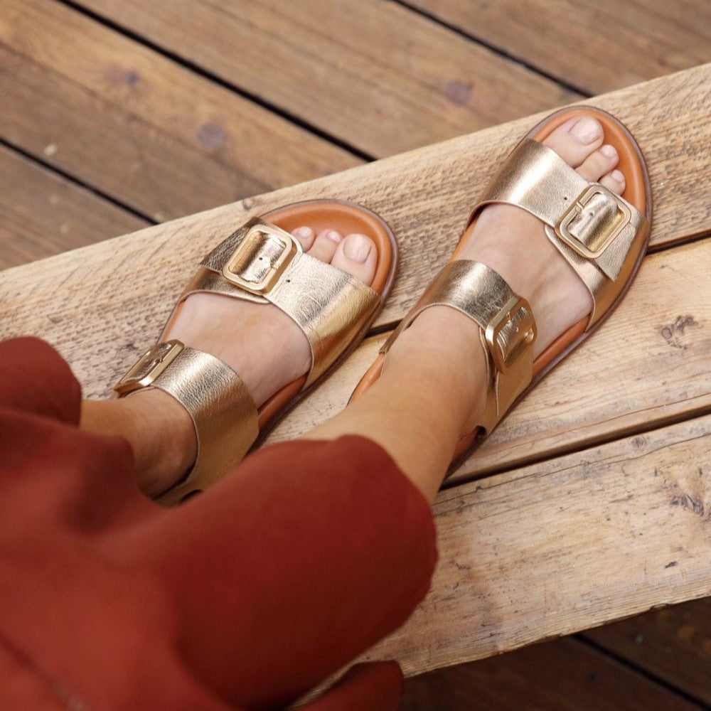 GALA: GOLD TWO BAR BACK STRAP SANDALS - PRE-ORDER (DISPATCH W/C 17TH JUNE)