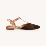 Anais Pointed T-Bar Flats: Chocolate Brown Suede & Bronze