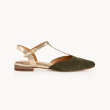 Anais Pointed T-Bar Flats: Olive Suede & Gold