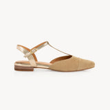 Anais Pointed T-Bar Flats: Sand Suede & Gold  - Pre-Order (Dispatch w/c 15/06/26)