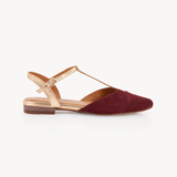 Anais Pointed T-Bar Flats: Burgundy Suede & Bronze
