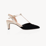 Ariel Pointed T-Bar Mid-Heel: Black Suede & Gold - Pre-Order (Dispatch w/c 20/07/26)
