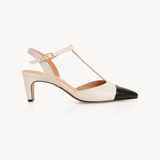 Ariel Pointed T-Bar Mid-Heel: Ivory & Black Leather