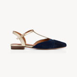Anais Pointed T-Bar Flats: Navy Suede & Gold - Pre-Order (Dispatch w/c 30/03/26)