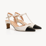 Ariel Pointed T-Bar Mid-Heel: Ivory & Black Leather