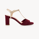 Skylar T-Bar Heel Sandals: Burgundy Suede & Gold