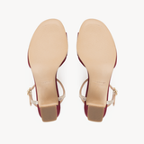 Skylar T-Bar Heel Sandals: Burgundy Suede & Gold