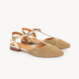 Anais Pointed T-Bar Flats: Sand Suede & Gold  - Pre-Order (Dispatch w/c 15/06/26)