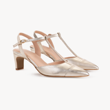 Ariel Pointed T-Bar Mid-Heel: Gold Leather - Pre-Order (Dispatch w/c 20/07/26)