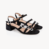 Emilia: Black Shimmer Low Block Heel Sandals