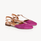 Anais Pointed T-Bar Flats: Fuchsia Pink Suede & Bronze
