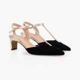 Ariel Pointed T-Bar Mid-Heel: Black Suede & Gold - Pre-Order (Dispatch w/c 20/07/26)