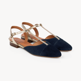 Anais Pointed T-Bar Flats: Navy Suede & Gold - Pre-Order (Dispatch w/c 30/03/26)