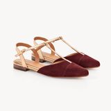 Anais Pointed T-Bar Flats: Burgundy Suede & Bronze