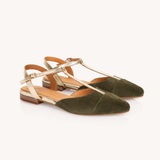 Anais Pointed T-Bar Flats: Olive Suede & Gold