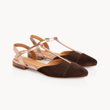 Anais Pointed T-Bar Flats: Chocolate Brown Suede & Bronze