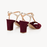 Skylar T-Bar Heel Sandals: Burgundy Suede & Gold