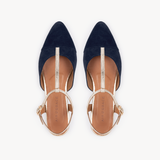 Anais Pointed T-Bar Flats: Navy Suede & Gold - Pre-Order (Dispatch w/c 30/03/26)
