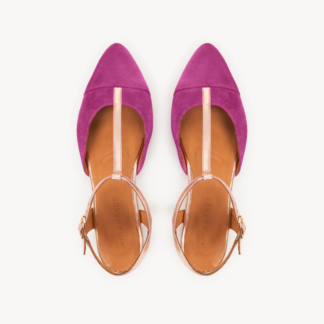 Anais Pointed T Bar Flats Fuchsia Pink Suede Bronze Air Grace anais-pointed-t-bar-flats-fuchsia-pink-suede-bronze-air-grace