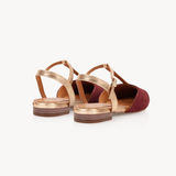 Anais Pointed T-Bar Flats: Burgundy Suede & Bronze