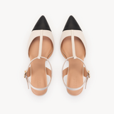 Ariel Pointed T-Bar Mid-Heel: Ivory & Black Leather