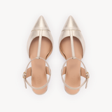 Ariel Pointed T-Bar Mid-Heel: Gold Leather - Pre-Order (Dispatch w/c 20/07/26)