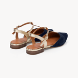 Anais Pointed T-Bar Flats: Navy Suede & Gold - Pre-Order (Dispatch w/c 30/03/26)