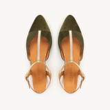 Anais Pointed T-Bar Flats: Olive Suede & Gold