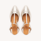 Anais Pointed T-Bar Flats: Silver Leather