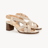 Solene Woven Block Heel Sandals: Gold Shimmer Suede - Pre-Order (Dispatch w/c 27/04/26)