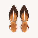 Anais Pointed T-Bar Flats: Chocolate Brown Suede & Bronze