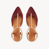 Anais Pointed T-Bar Flats: Burgundy Suede & Bronze