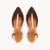 Anais Pointed T-Bar Flats: Chocolate Brown Suede & Bronze