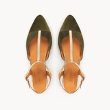 Anais Pointed T-Bar Flats: Olive Suede & Gold