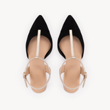 Ariel Pointed T-Bar Mid-Heel: Black Suede & Gold - Pre-Order (Dispatch w/c 20/07/26)