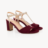 Skylar T-Bar Heel Sandals: Burgundy Suede & Gold