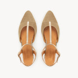 Anais Pointed T-Bar Flats: Sand Suede & Gold  - Pre-Order (Dispatch w/c 15/06/26)