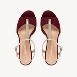Skylar T-Bar Heel Sandals: Burgundy Suede & Gold