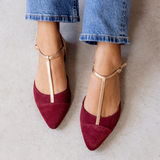 Anais Pointed T-Bar Flats: Burgundy Suede & Bronze