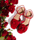 Flora: Red Leather & Flower Block Heel Sandals