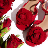 Flora: Red Leather & Flower Block Heel Sandals