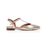 Anais: Gold Leather Pointed T-Bar Flats - Pre-Order (Dispatch w/c 24/03)