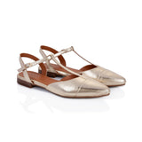 Anais: Gold Leather Pointed T-Bar Flats - Pre-Order (Dispatch w/c 24/03)