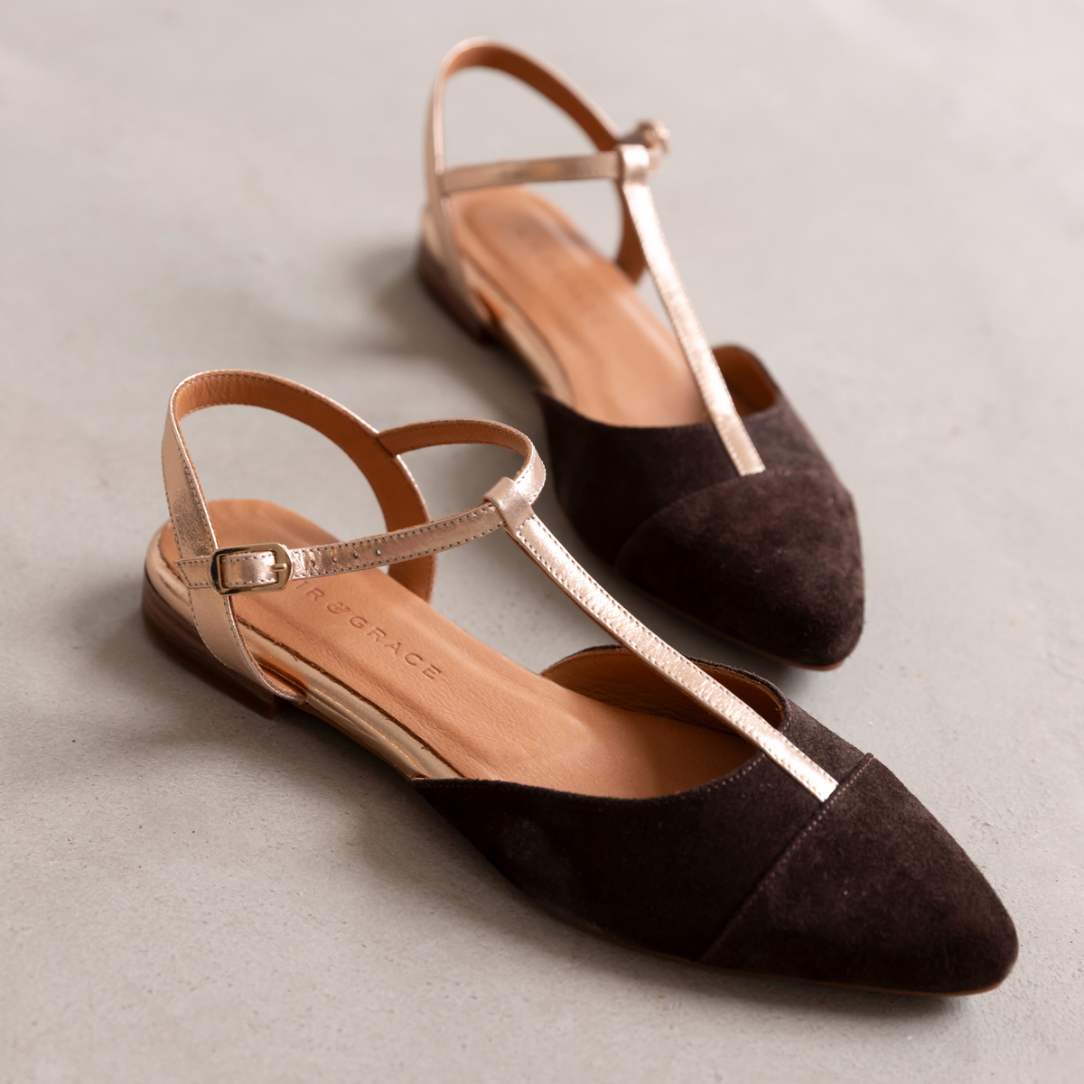 Anais Pointed T Bar Flats Chocolate Brown Suede & Bronze