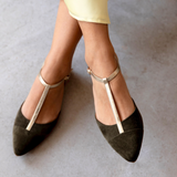 Anais Pointed T-Bar Flats: Olive Suede & Gold