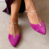 Anais Pointed T-Bar Flats: Fuchsia Pink Suede & Bronze
