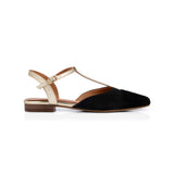 Anais: Black Suede & Gold Leather Pointed T-Bar Flats - Pre-Order (Dispatch w/c 24/03)