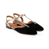 Anais: Black Suede & Gold Leather Pointed T-Bar Flats - Pre-Order (Dispatch w/c 24/03)