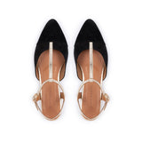 Anais: Black Suede & Gold Leather Pointed T-Bar Flats - Pre-Order (Dispatch w/c 24/03)